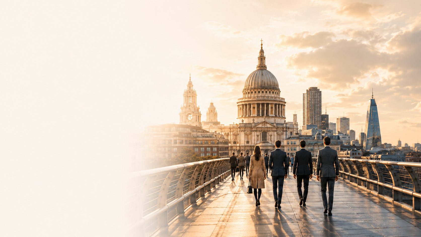 Business professionals crossing the Millennium Bridge towards St Paul's Cathedral, London, at golden hour.